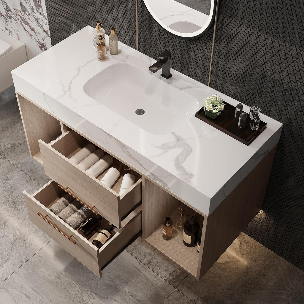 40' Bathroom Vanity with Sink Set, Modern Oak Wall Mounted Bathroom Vanity Cabinet with Sintered Stone Top&Gold Handle 2 Drawers&2 Open Storage, Single Sink Floating Bathroom Vanity