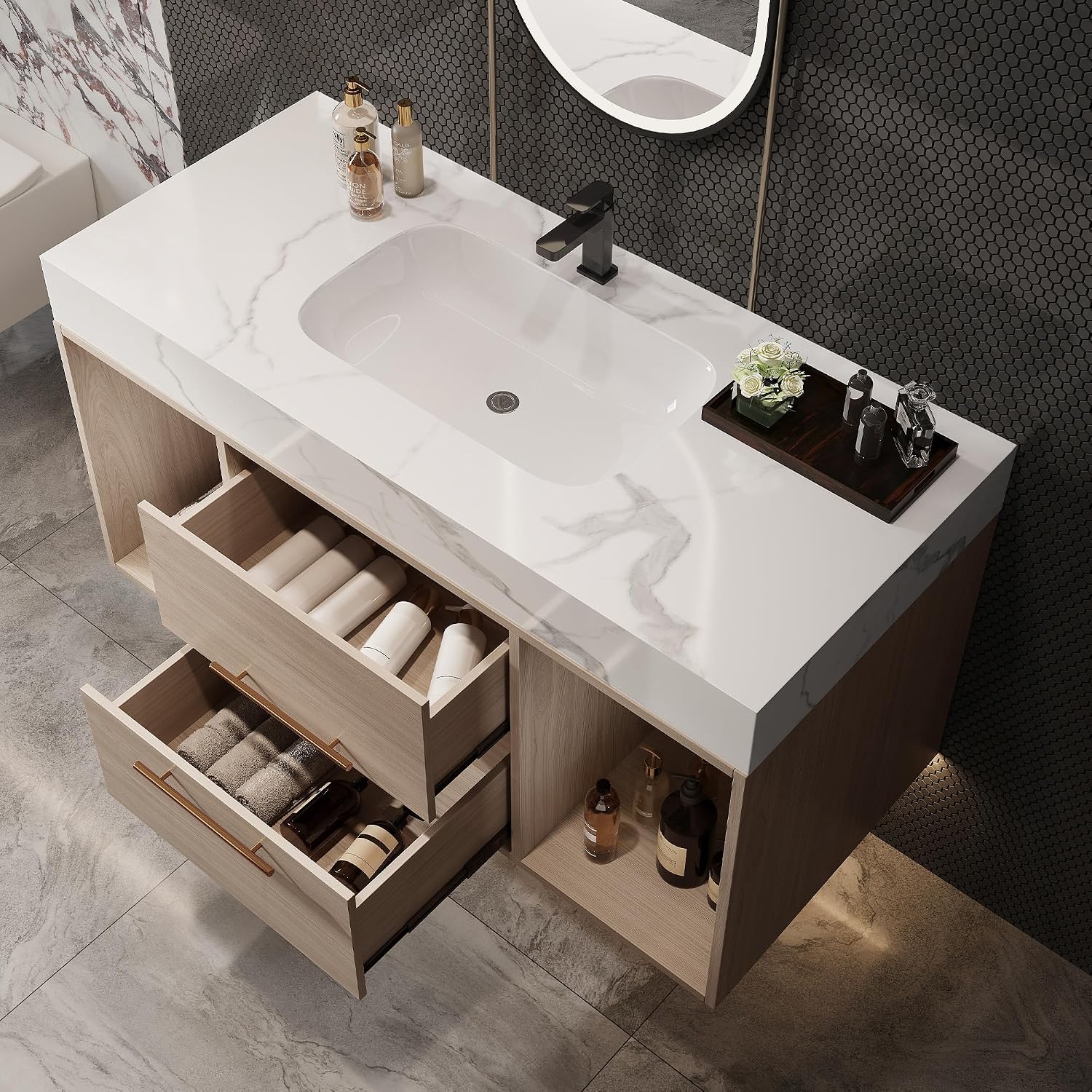 40' Bathroom Vanity with Sink Set, Modern Oak Wall Mounted Bathroom Vanity Cabinet with Sintered Stone Top&Gold Handle 2 Drawers&2 Open Storage, Single Sink Floating Bathroom Vanity