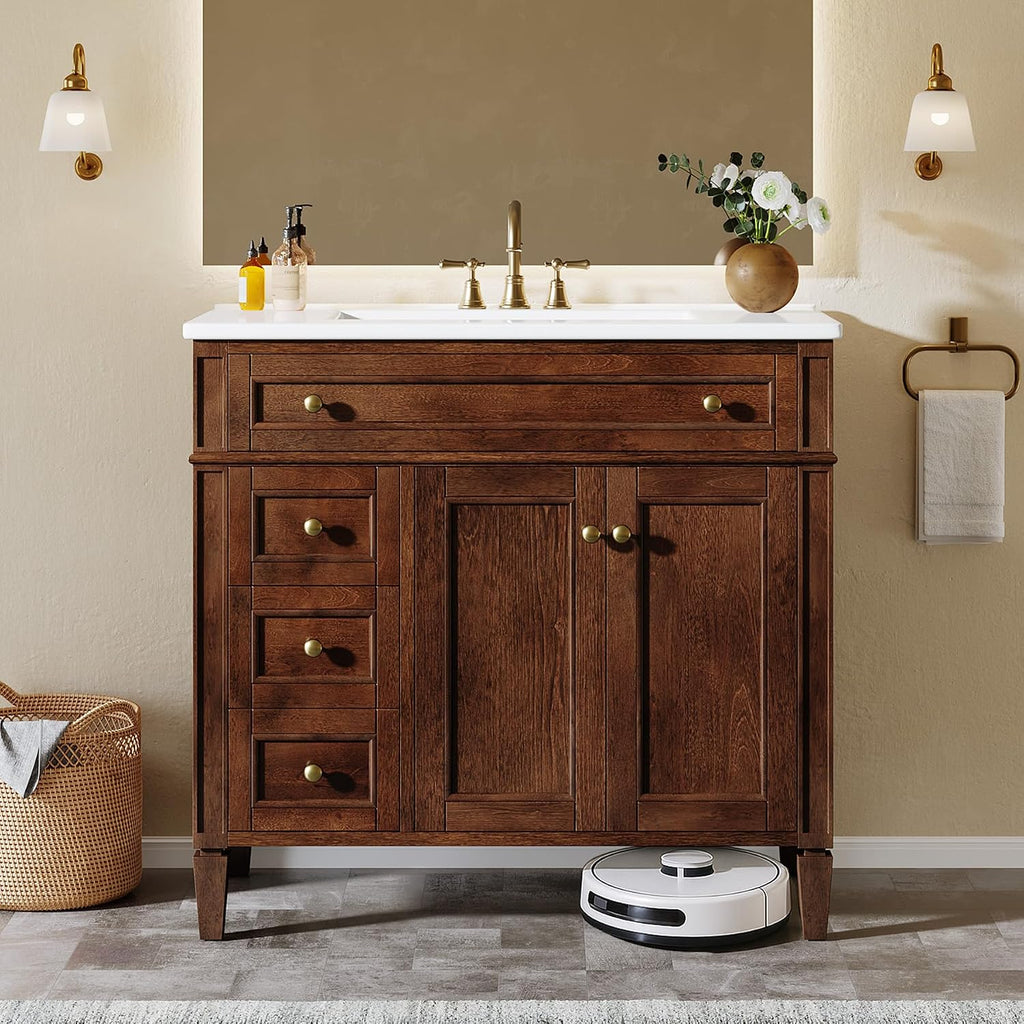 Tribesigns 36' Bathroom Vanity with Sink, Farmhouse Bathroom Sink Cabinet with 4 Drawers & 2 Doors, Bath Storage Vanity Sink with Metal Handles, Solid Wood Frame, Paint Surface Brown