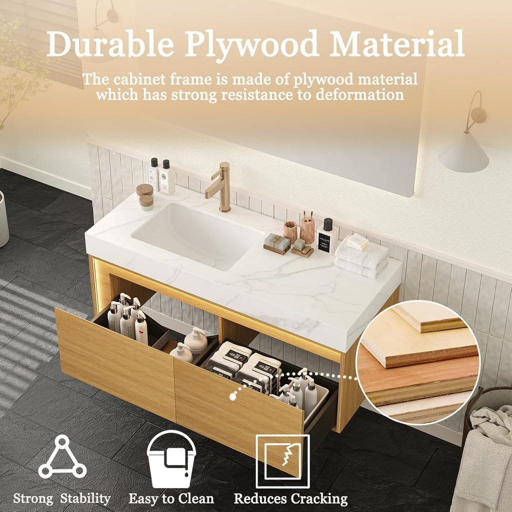 Eleshine 48' Floating Bathroom Vanity with Single Sink, Wall Mounted Cabinet with Sensor LED Light, Soft Close Drawer, Fluted Design, Carrara White Top, Light Oak, Pre-Assembled
