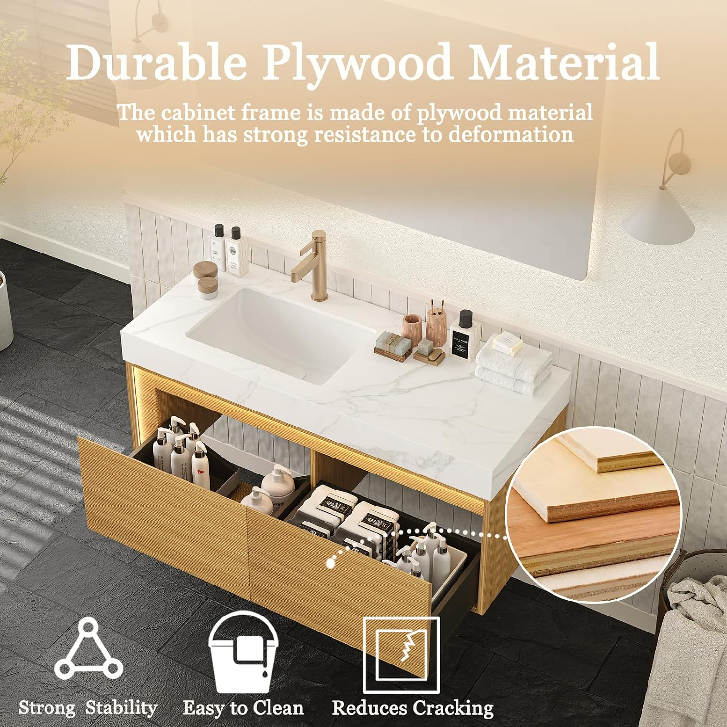 Eleshine 48' Floating Bathroom Vanity with Single Sink, Wall Mounted Cabinet with Sensor LED Light, Soft Close Drawer, Fluted Design, Carrara White Top, Light Oak, Pre-Assembled
