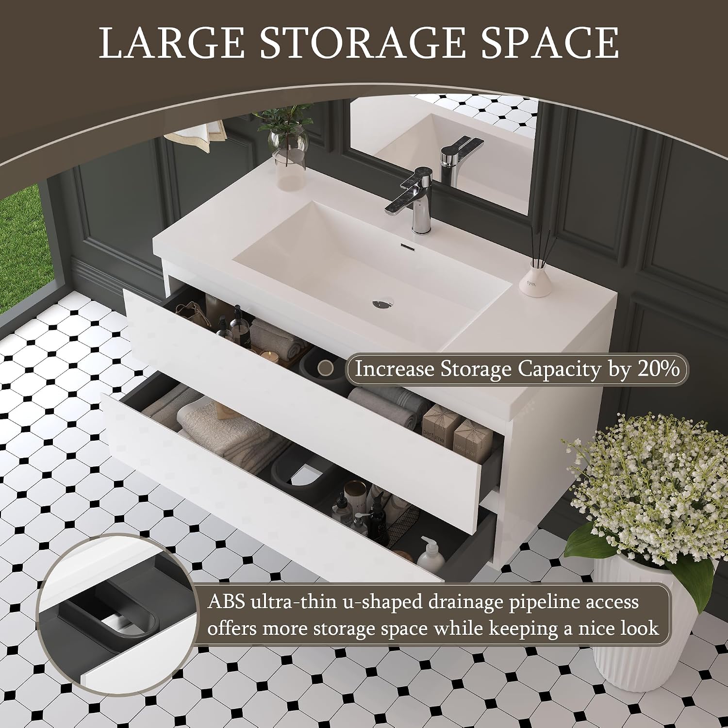 42' Floating Bathroom Vanity with Sink, Wall Mounted Bathroom Cabinet with Solid Surface Top and Soft Close Drawers, Glossy White (No Assembly Required)