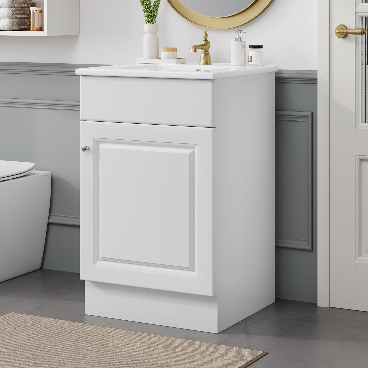 Harper & Bright Designs 20' Bathroom Vanity with Sink, Free Standing Single Basin Vanity Set with Adjustable Shelf & Storage Rack, Solid Wood Bathroom Cabinet with Ceramic Basin for Bathroom, White