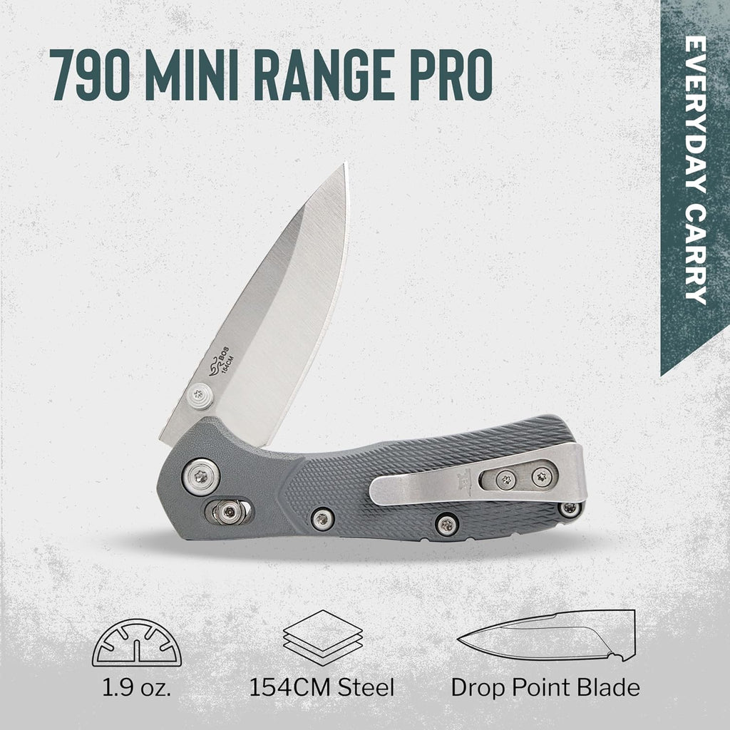 Buck Knives 790 Mini Range Pro Folding Pocket Knife, EDC Knife, 2-5/8' Drop Point Blade, 154CM Stainless Steel, Lightweight Glass-Filled Nylon Handle, Made in the USA, Grey, 1.9 oz