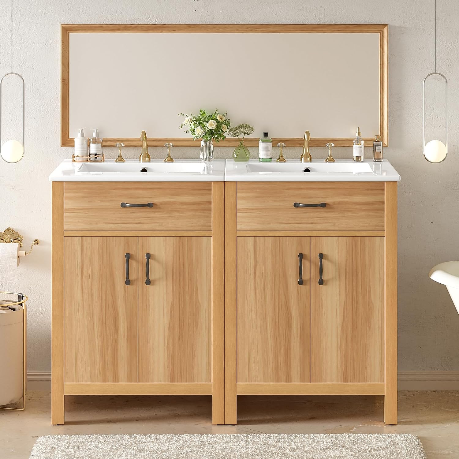 Harper & Bright Designs 48' Bathroom Vanity Set with Double Sink, Free Standing Single Basin Vanity with Tip-Out Drawer & Adjustable Shelf, Wood Storage Cabinet with Ceramic Basin for Bathroom, Wood