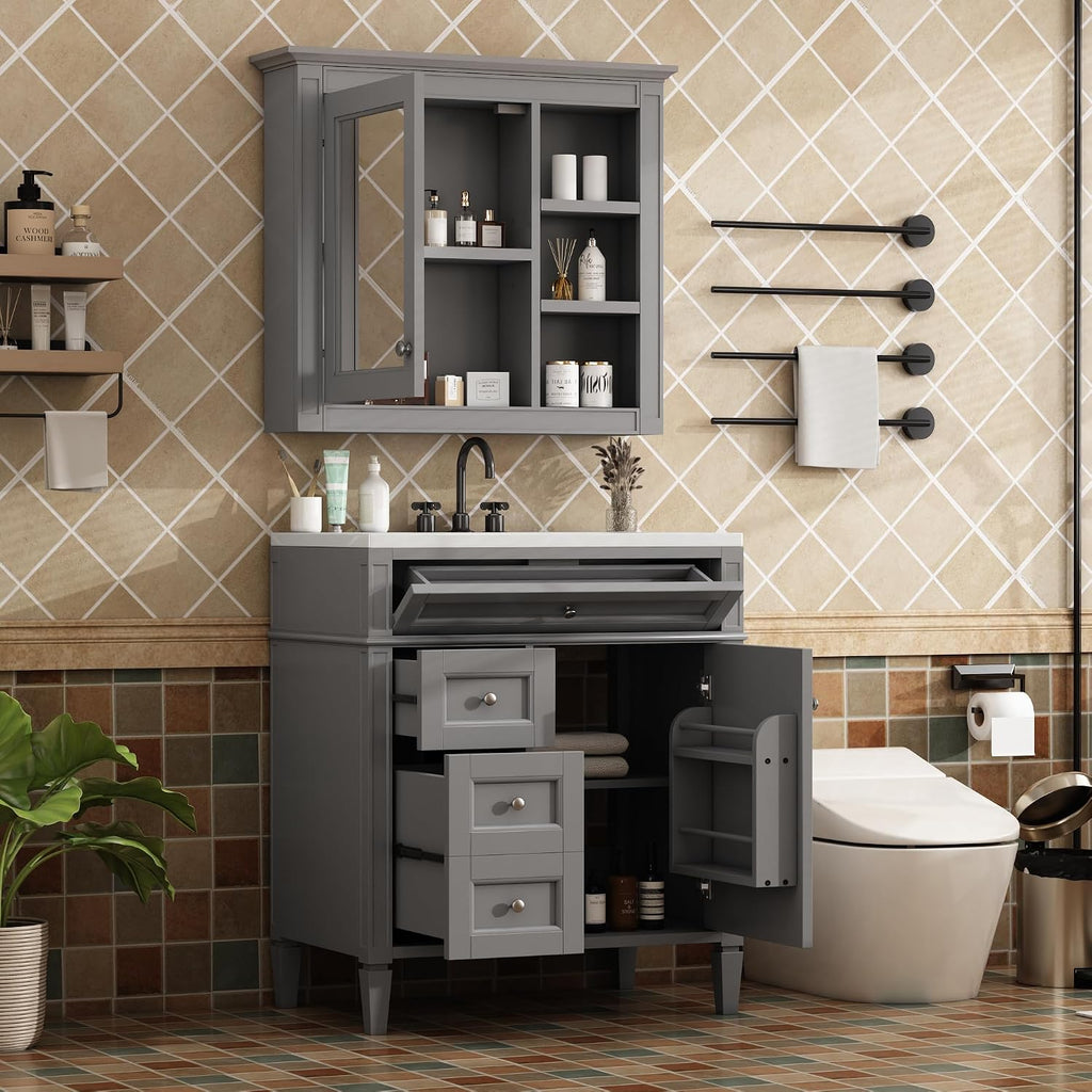 Merax 30' Bathroom Sink Vanity with Matching Medicine Cabinet Combo, Modern Bathroom Storage Cabinet, Freestanding Solid Wood Frame