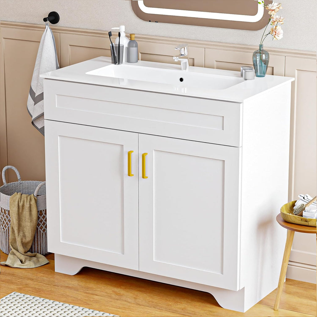 36 Inch Bathroom Vanity with Ceramic Sink - Modern Farmhouse Style Sink Cabinet, Easy Tool-Free Installation, for Bathroom Remodel and Upgrade (White)