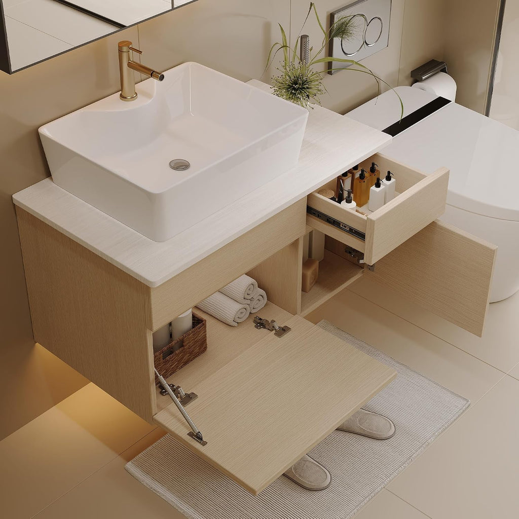 32' Floating Bathroom Vanity with Single Sink, Modern Wall Mounted Bathroom Vanities with Above Ceramic Basin, Wood Bathroom Vanity Cabinet with 1 Drawers and 2 Storage Cabinets, Natural