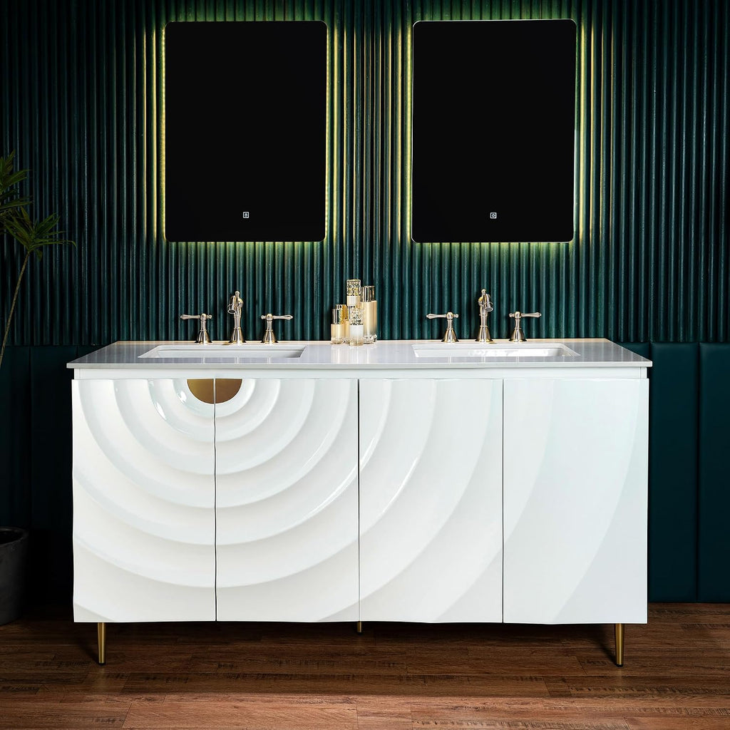 Woodbridge 60'x22' Bathroom Vanity with Double Ceramic Undermount Sinks, White Engineered Stone Top,3D Wave Pattern Cabinet Doors, Sleek Thin Legs,Glossy White Finish for a Clean, Modern Look