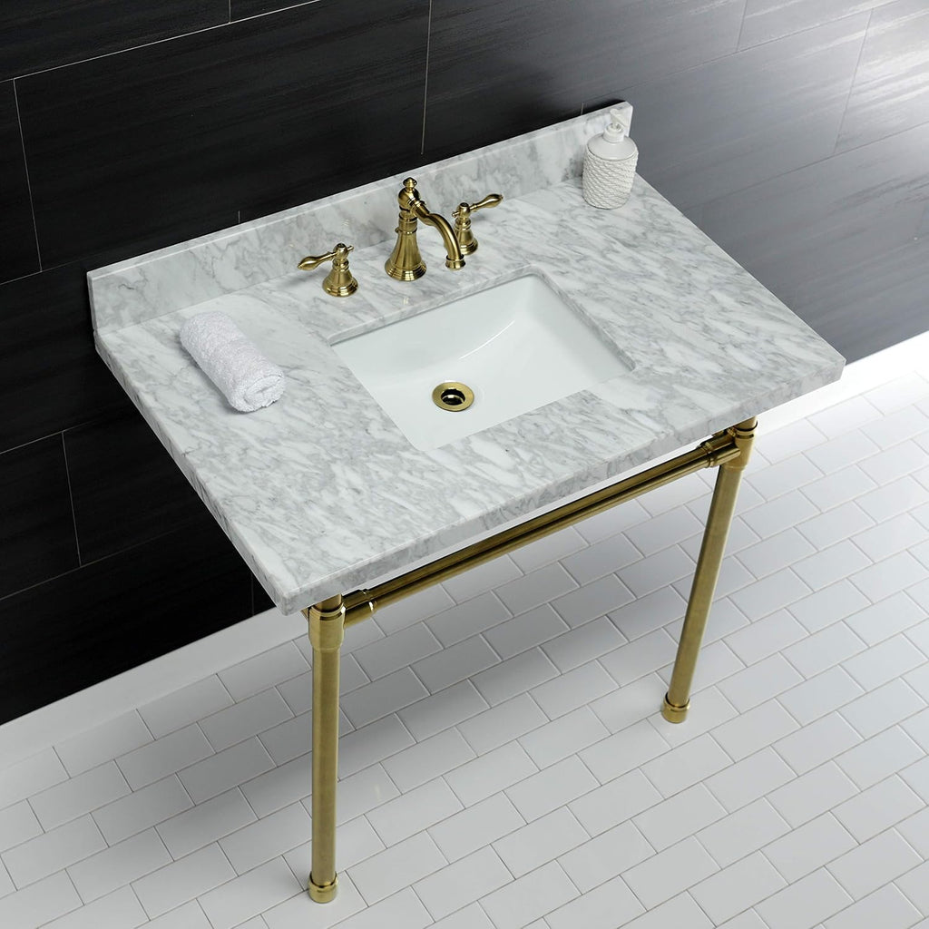 Kingston Brass KVPB36M8SQ7ST Dreyfuss 36' Carrara Marble Vanity Top with Stainless Steel Legs, Marble White/Brushed Brass