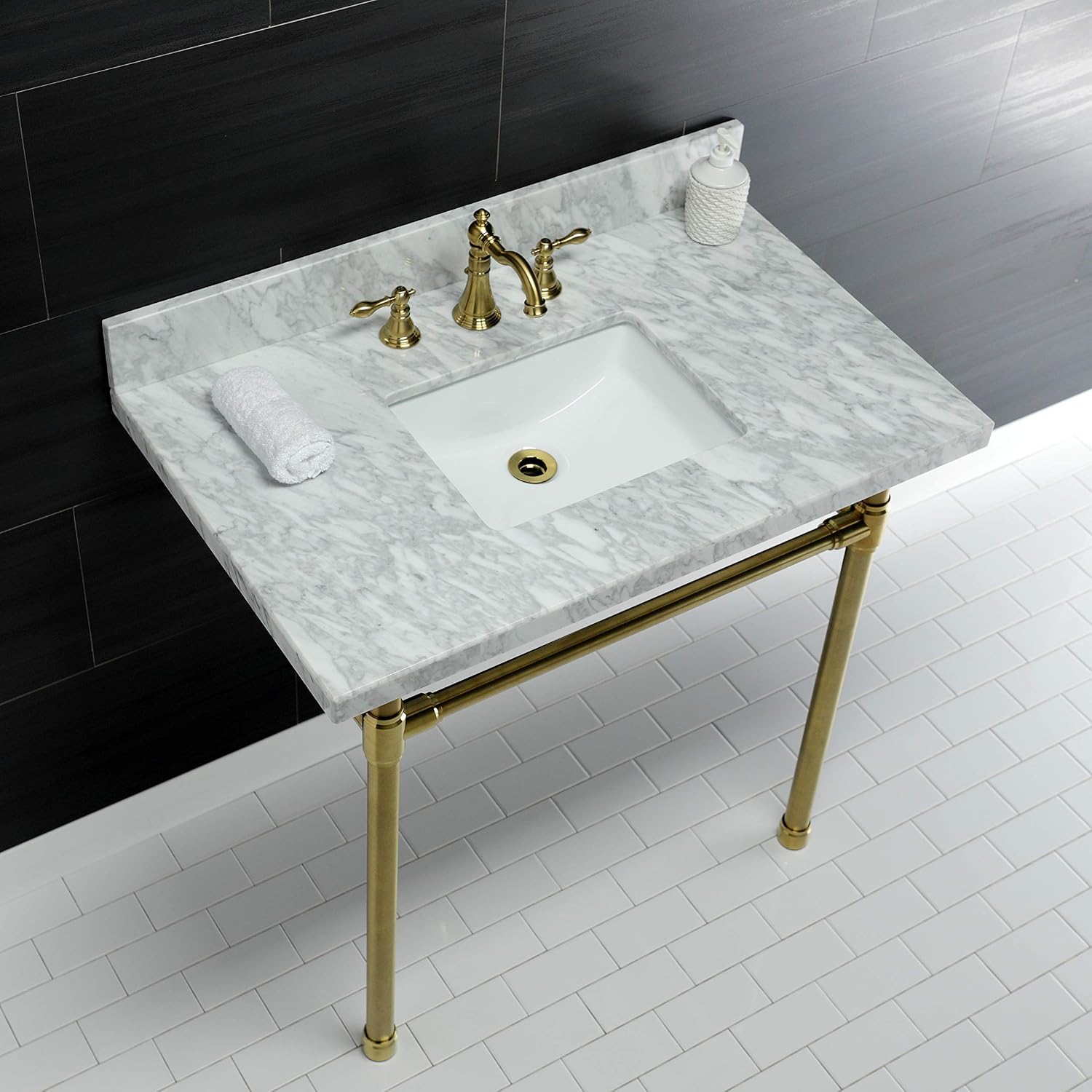 Kingston Brass KVPB36M8SQ7ST Dreyfuss 36' Carrara Marble Vanity Top with Stainless Steel Legs, Marble White/Brushed Brass