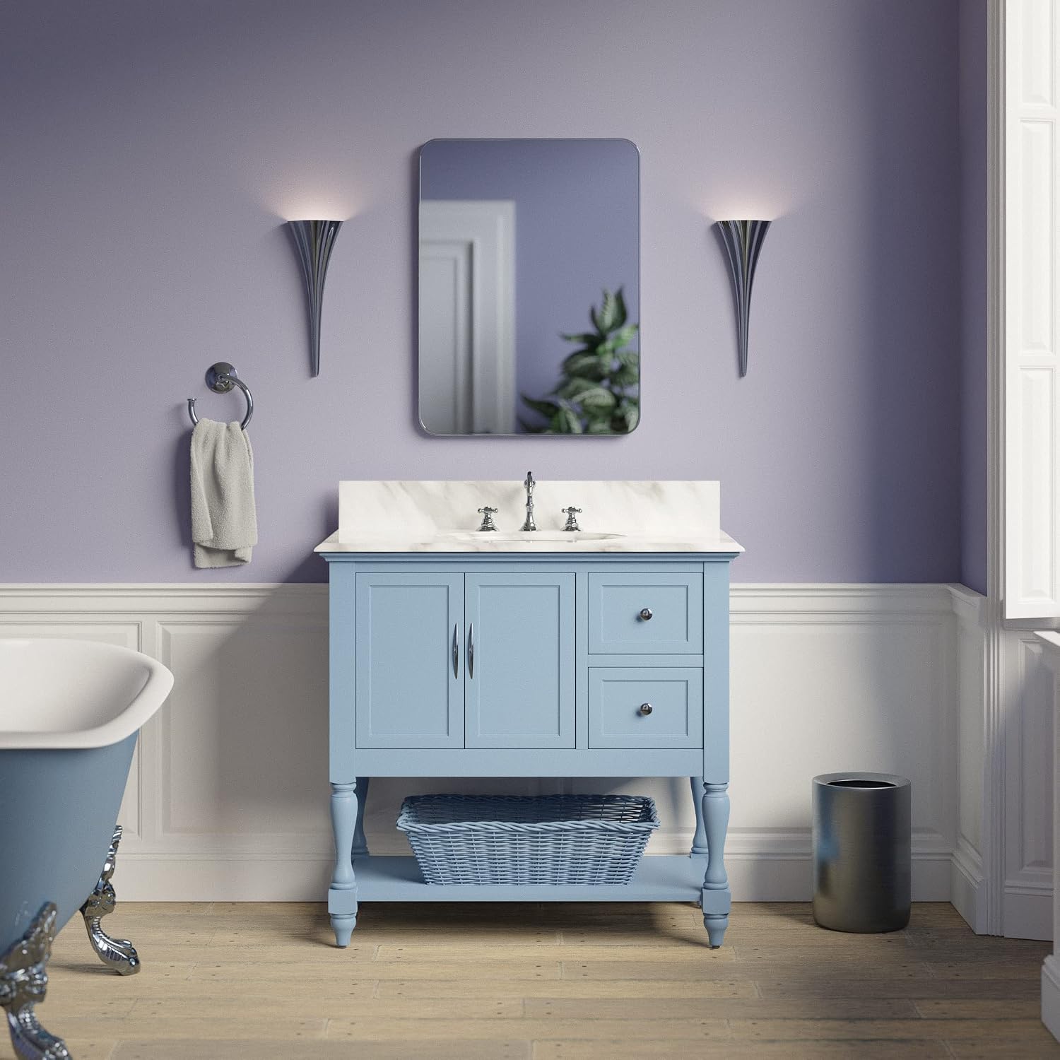 Kitchen Bath Collection Beverly 36-inch Bathroom Vanity (Carrara/Powder Blue): Includes Powder Blue Cabinet with Authentic Italian Carrara Marble Countertop and White Ceramic Sink