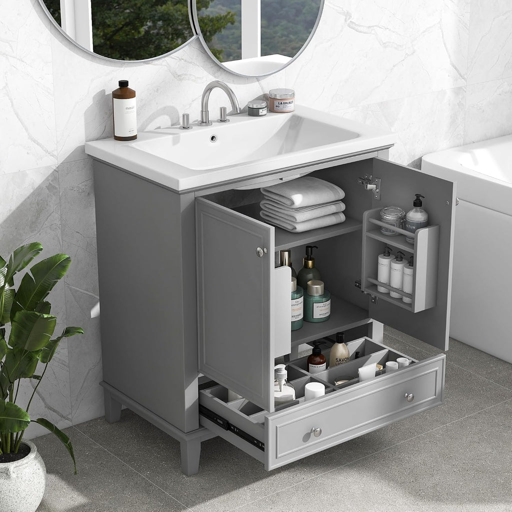 30' Bathroom Vanity Cabinet with Ceramic Sink Top Set, Multi-Functional Drawers and Storage Rack, Soft Closing Doors, Freestanding, Solid Wood Frame & MDF Board, Grey
