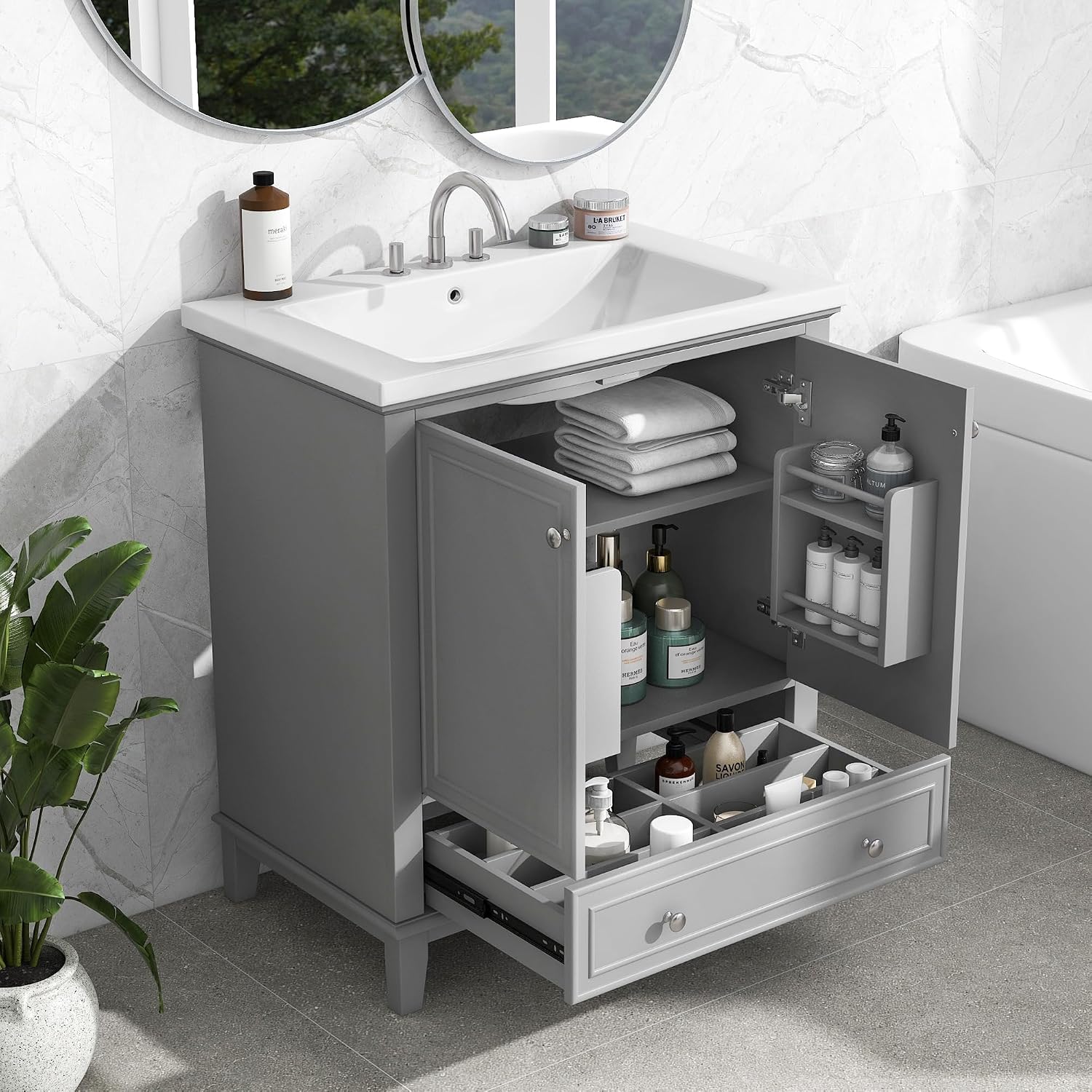 30' Bathroom Vanity Cabinet with Ceramic Sink Top Set, Multi-Functional Drawers and Storage Rack, Soft Closing Doors, Freestanding, Solid Wood Frame & MDF Board, Grey
