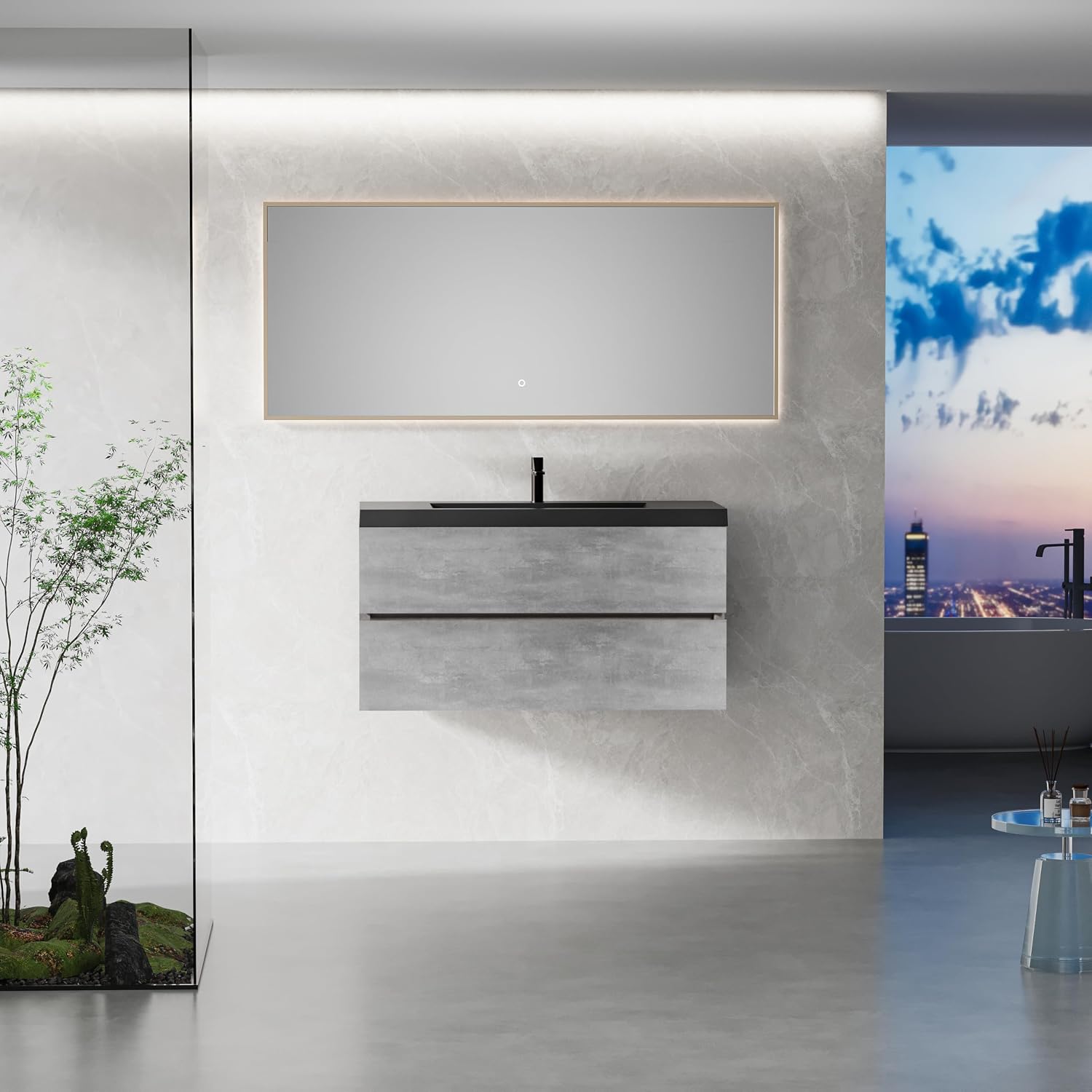 42' Floating Bathroom Vanity with Sink, Modern Wall Mounted Bathroom Storage Vanity Cabinet with Black Quartz Sand Top Basin and Soft Close Drawers, EDI Series Cement Grey 24V12 42GR