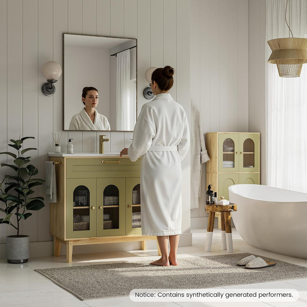 LIKIMIO 36 Inch Bathroom Vanity with Sink, Arched Glass Door Storage with Adjustable Shelf, Towel Bar & Toilet Paper Holder, Side Open Shelves, Solid Wood Legs, 36' Single Sink Vanity