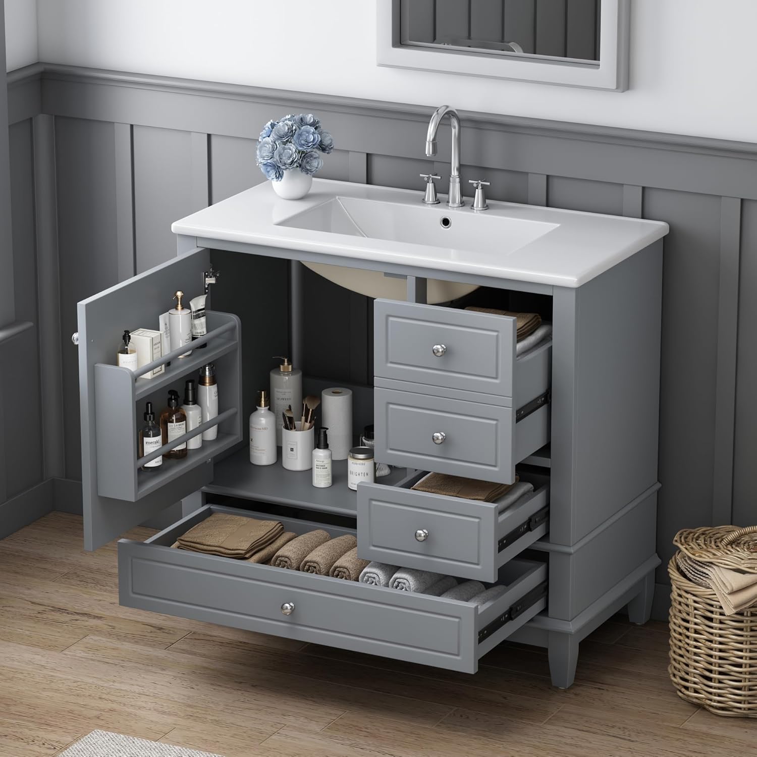 36 Inch Bathroom Vanity with Sink Set, Undermount Vanity Sink Cabinet with 3 Drawers and Door Storage, Soft Closing Door, Wood Frame, Gray
