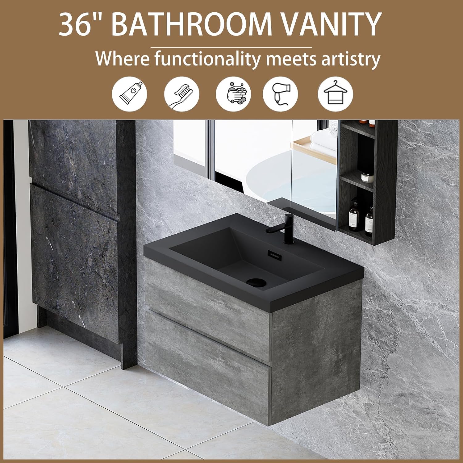 Compact 30' Floating Bathroom Vanity with Quartz Sand Basin Sink Top, Modern Wall-Mounted Bathroom Storage Vanity Cabinet with 2 Soft Close Drawers for Lavatory, Grey