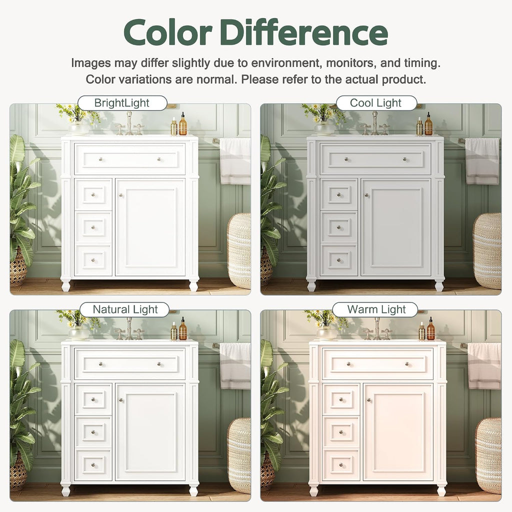 Merax 30' Bathroom Vanity with Sink, Modern Solid Wood Frame Bathroom Vanity Storage Cabinet with Adjustable Shelf, Ceramic Sink Top, Soft Closing Doors, 3 Drawers and Tip Out Drawer, White