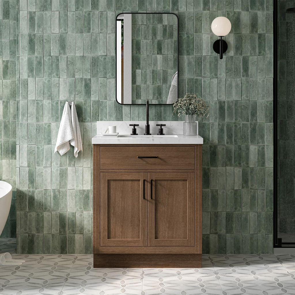 ARIEL Hepburn 30-inch Bathroom Vanity with Sink,Solid Wood, 1.5-inch Carrara White Quartz Countertop, Single Rectangular Porcelain Sink, 2 Soft Closing Doors, 1 Dovetail Drawers, Brown Oak