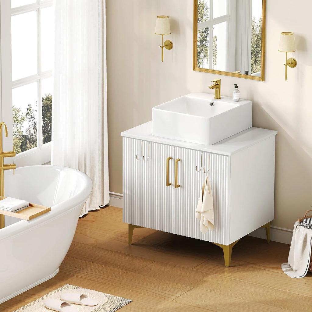 YITAHOME 30 Inch Bathroom Vanity with Vacuum Forming, Freestanding Storage Cabinet Vanity with Engineered White Stone Countertop, 2 Large Soft Closing Doors with Shelf, Gold Handles & Legs, White