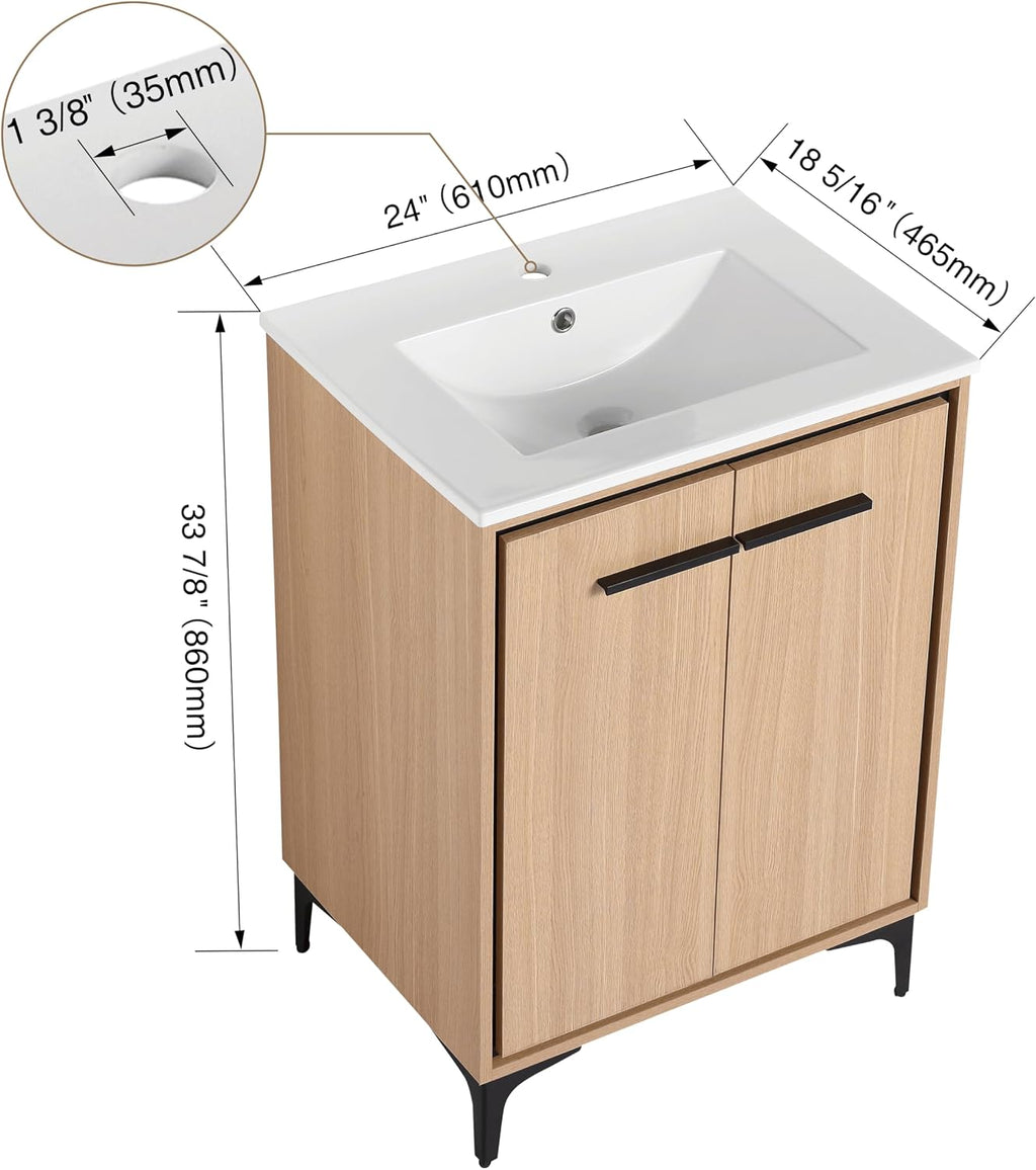 24 Inch Bathroom Vanity with Sink, Freestanding Single Sink Bathroom Vanity with Soft Closed Doors, Integrated Sink, Engineered Wood Bathroom Sink Vanity (Oak)