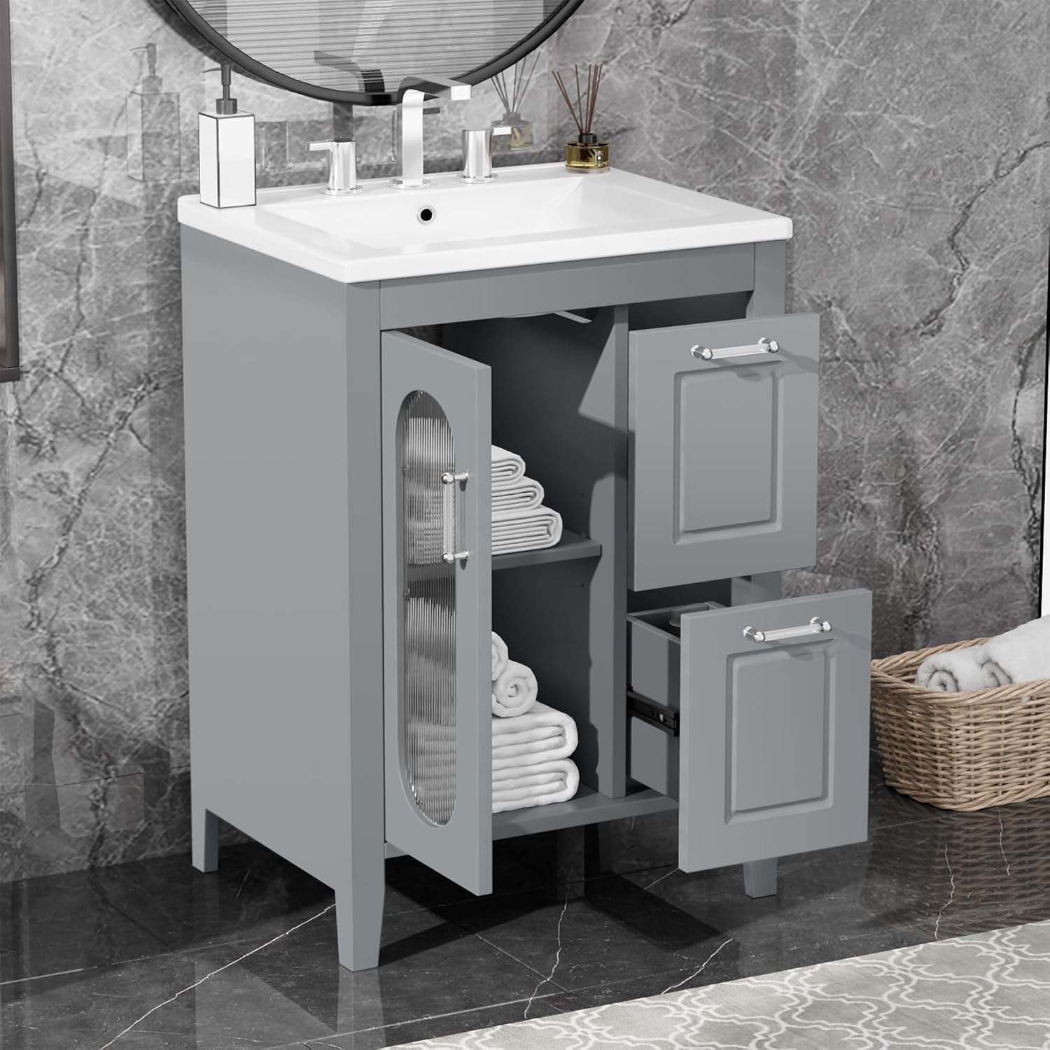 LUMISOL 24' Bathroom Vanity with Sink, Solid Wood Bathroom Vanity with Glass Door and 2 Drawers, Free Standing Single Bathroom Cabinet with Ceramic Basin, Soft-Closing, Gray
