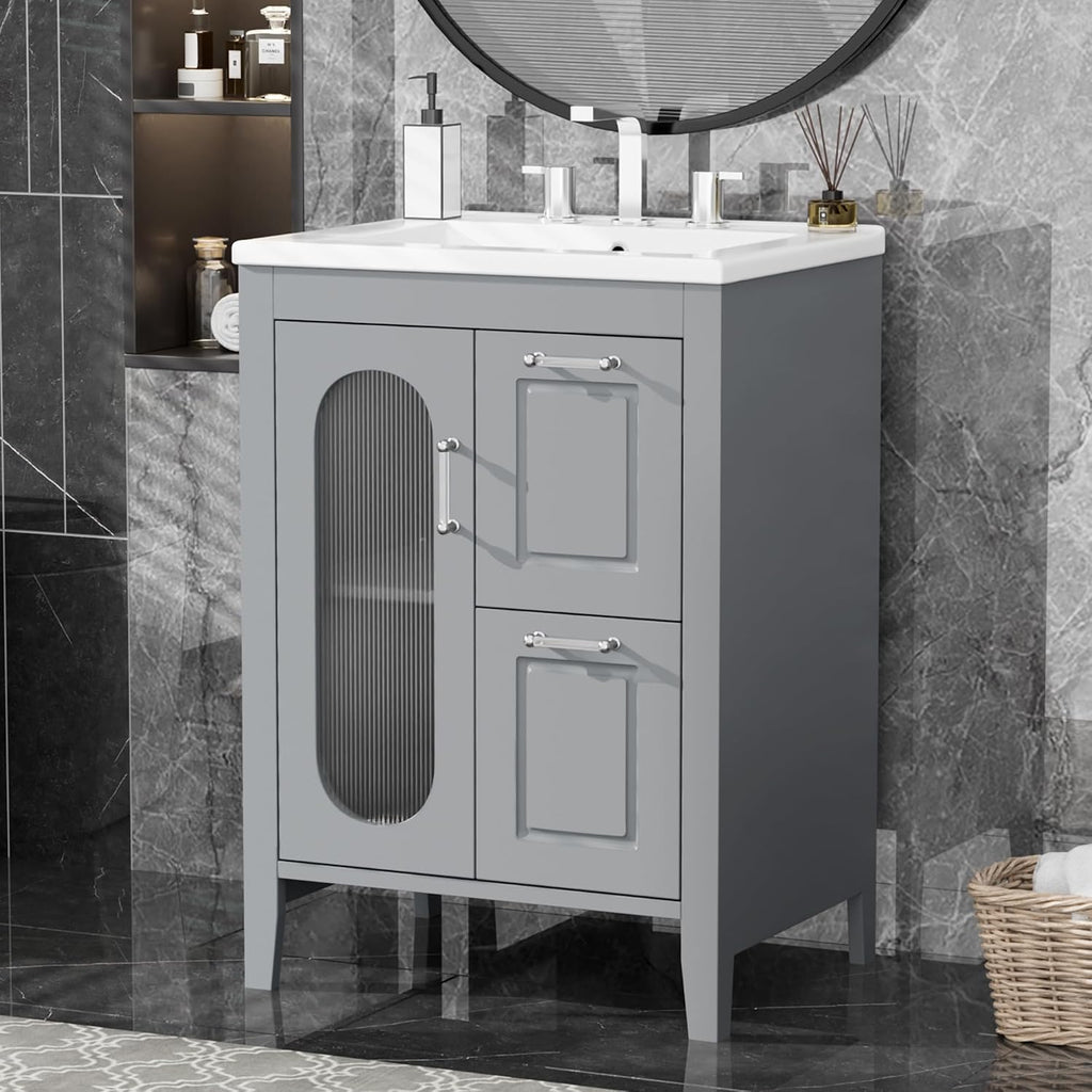 LUMISOL 24' Bathroom Vanity with Sink, Solid Wood Bathroom Vanity with Glass Door and 2 Drawers, Free Standing Single Bathroom Cabinet with Ceramic Basin, Soft-Closing, Gray