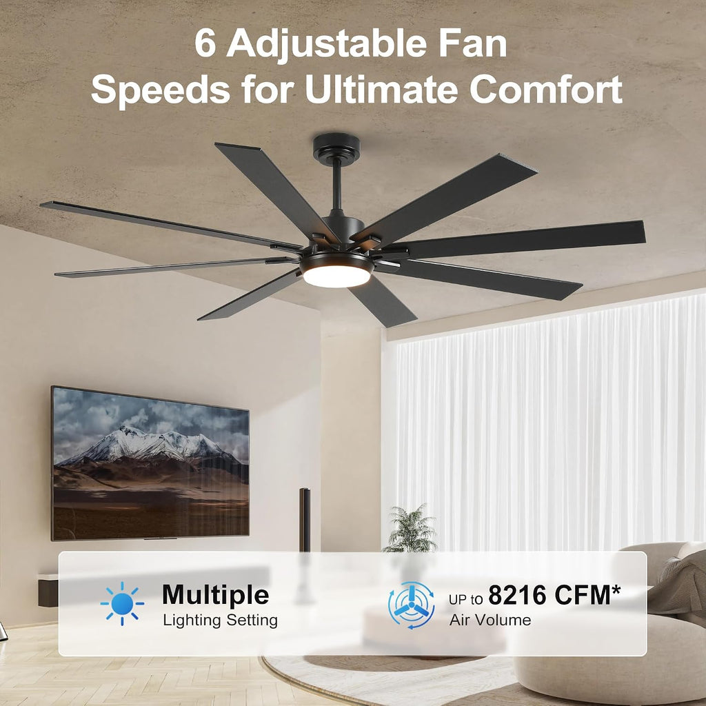 72 Inch Large Size With Light Kit & Remote Control 8 PCS Blades Ceiling Fan 3 Color Dimmable Led Dc Motor Reversible 6 Speed Quiet Remote Control Ceiling Fan For Living Room Bedroom Indoor Matte Black