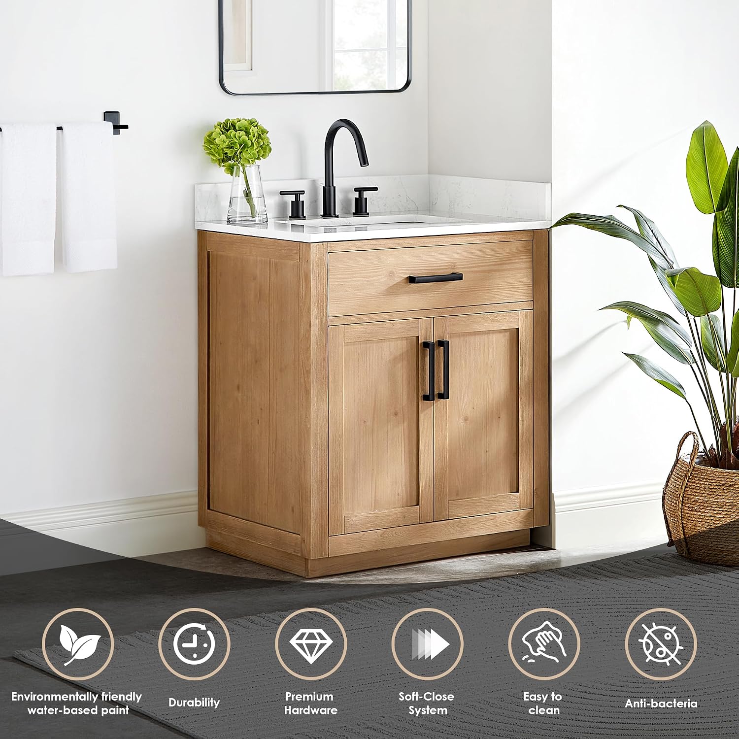 Altair Design Gavino 30' Wood Vanity in Light Brown White Engineered Stone Top no Mirror