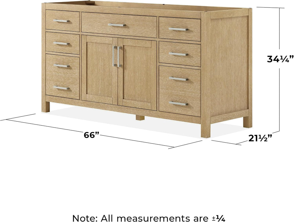 Wyndham Collection Beckett 66 Inch Single Bathroom Vanity in Whitewashed Oak, No Countertop, No Sink, Brushed Nickel Trim