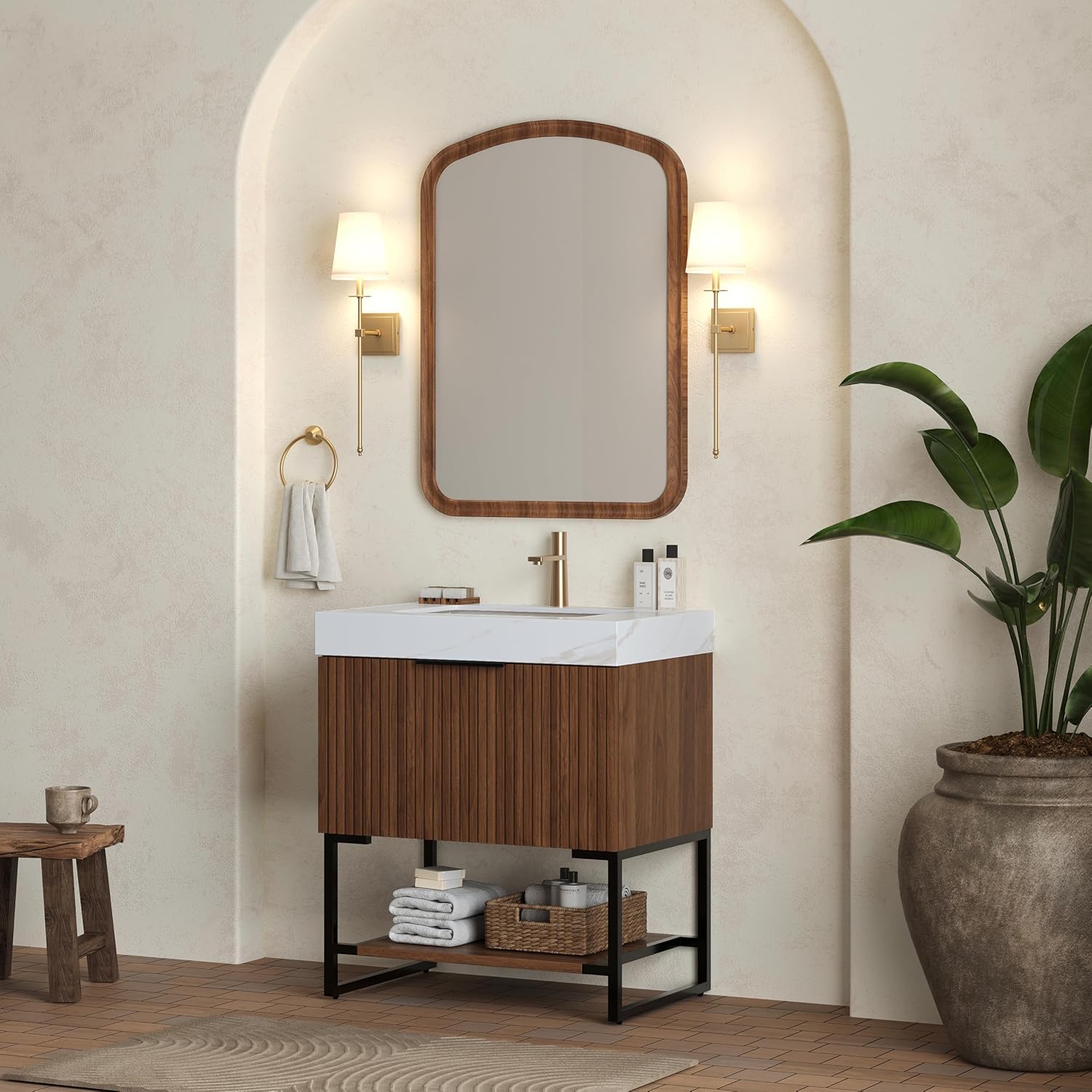 30'' Modern Bathroom Vanity with Sink, Freestanding Oak Plywood Cabinet with Rectangular Acrylic Integrated Basin, Bathroom Vanities Cabinet with Drawer and Open Shelf-Lund, Retro Walnut