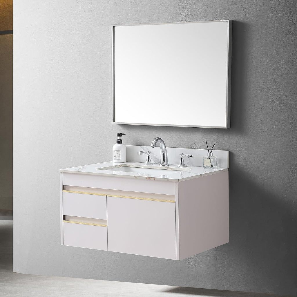 31' Bathroom Vanity Top with Ceramic Undermount Sink & Backsplash,Carrara Gold Sintered Stone Counter Top, 3 Holes Vanity Sink Top