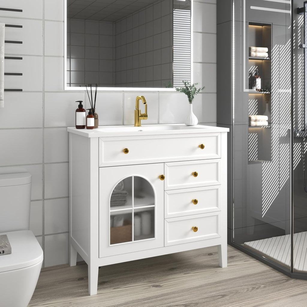 36 inch Bathroom Vanity with Sink, Mid Century Modern Freestanding Bathroom Cabinet with Ceramic Sink, 1 Flip Top Drawer, 2 Storage Drawers, Flower Patterned Glass Door, Adjustable Shelf, White