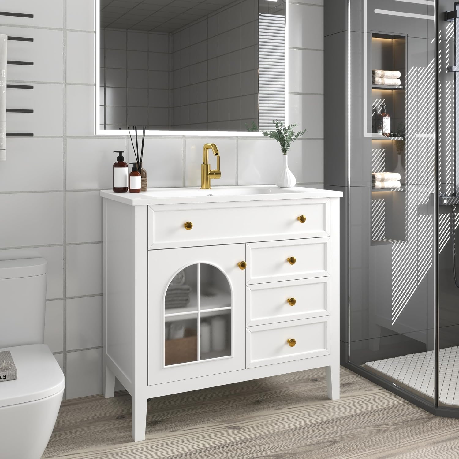 36 inch Bathroom Vanity with Sink, Mid Century Modern Freestanding Bathroom Cabinet with Ceramic Sink, 1 Flip Top Drawer, 2 Storage Drawers, Flower Patterned Glass Door, Adjustable Shelf, White