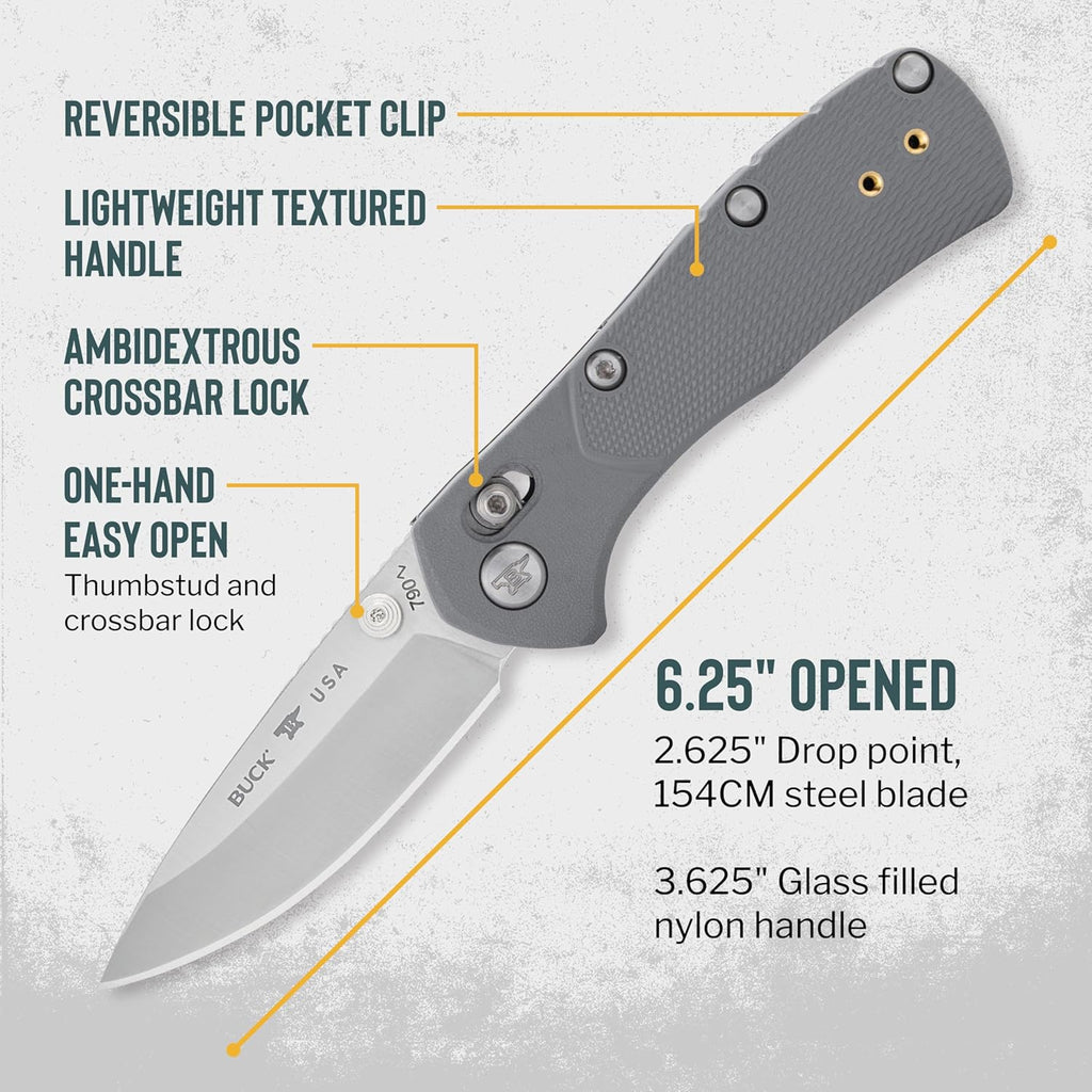 Buck Knives 790 Mini Range Pro Folding Pocket Knife, EDC Knife, 2-5/8' Drop Point Blade, 154CM Stainless Steel, Lightweight Glass-Filled Nylon Handle, Made in the USA, Grey, 1.9 oz