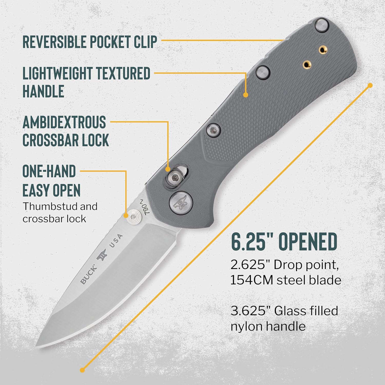Buck Knives 790 Mini Range Pro Folding Pocket Knife, EDC Knife, 2-5/8' Drop Point Blade, 154CM Stainless Steel, Lightweight Glass-Filled Nylon Handle, Made in the USA, Grey, 1.9 oz