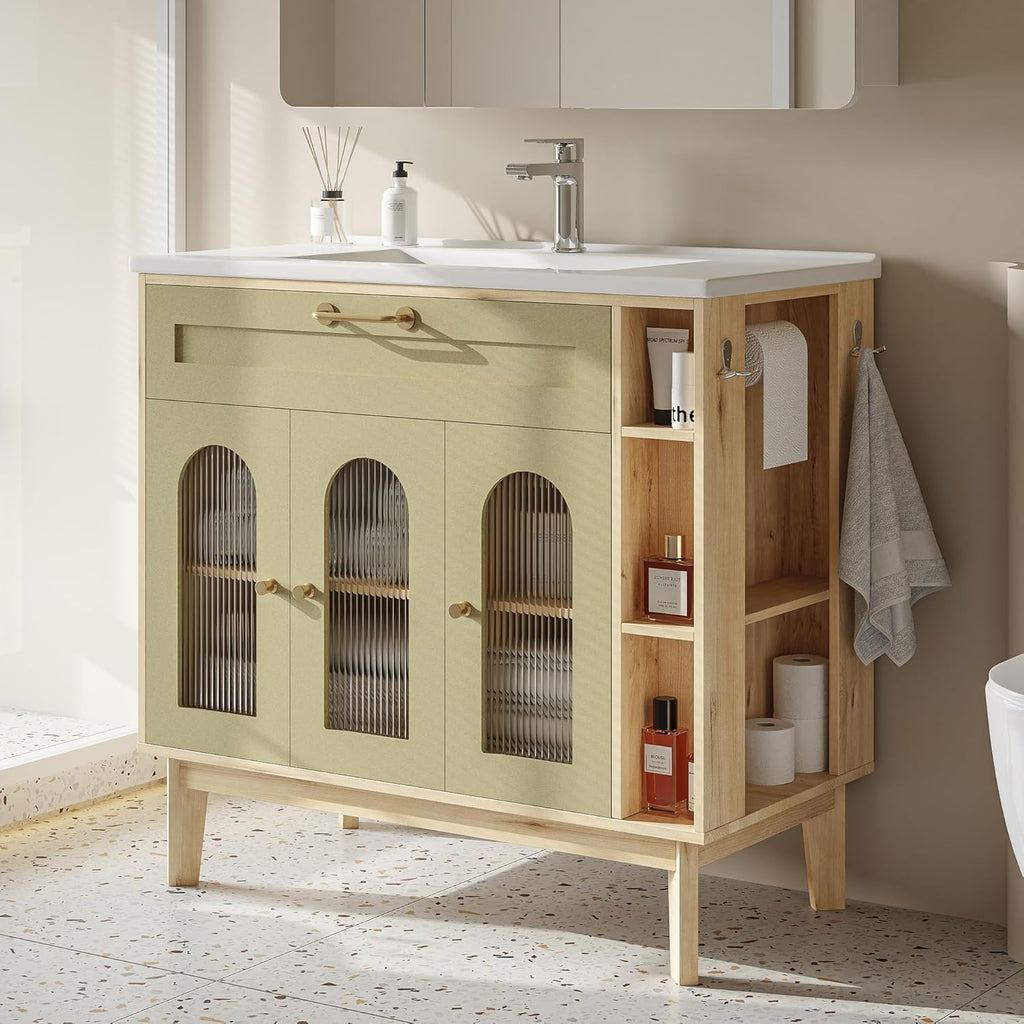 LIKIMIO 36 Inch Bathroom Vanity with Sink, Arched Glass Door Storage with Adjustable Shelf, Towel Bar & Toilet Paper Holder, Side Open Shelves, Solid Wood Legs, 36' Single Sink Vanity