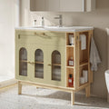 LIKIMIO 36 Inch Bathroom Vanity with Sink, Arched Glass Door Storage with Adjustable Shelf, Towel Bar & Toilet Paper Holder, Side Open Shelves, Solid Wood Legs, 36' Single Sink Vanity