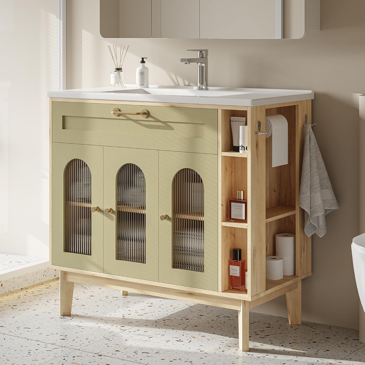 LIKIMIO 36 Inch Bathroom Vanity with Sink, Arched Glass Door Storage with Adjustable Shelf, Towel Bar & Toilet Paper Holder, Side Open Shelves, Solid Wood Legs, 36' Single Sink Vanity