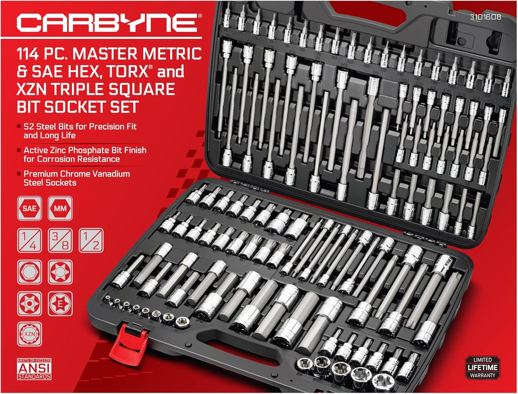 CARBYNE 114-Piece Master Metric & SAE Hex (Allen), Torx and XZN Triple Square Bit Socket Set | S2 Steel Bits, CrV Steel Sockets, Corrosion Resistance, Durable Case | 1/4', 3/8' & 1/2' Dr.