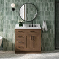ARIEL Hepburn 36-inch Bathroom Vanity with Sink,Solid Wood, 1.5-inch Carrara White Quartz Countertop, Single Rectangular Porcelain Sink, 2 Soft Closing Doors, 5 Dovetail Drawers, Brown Oak