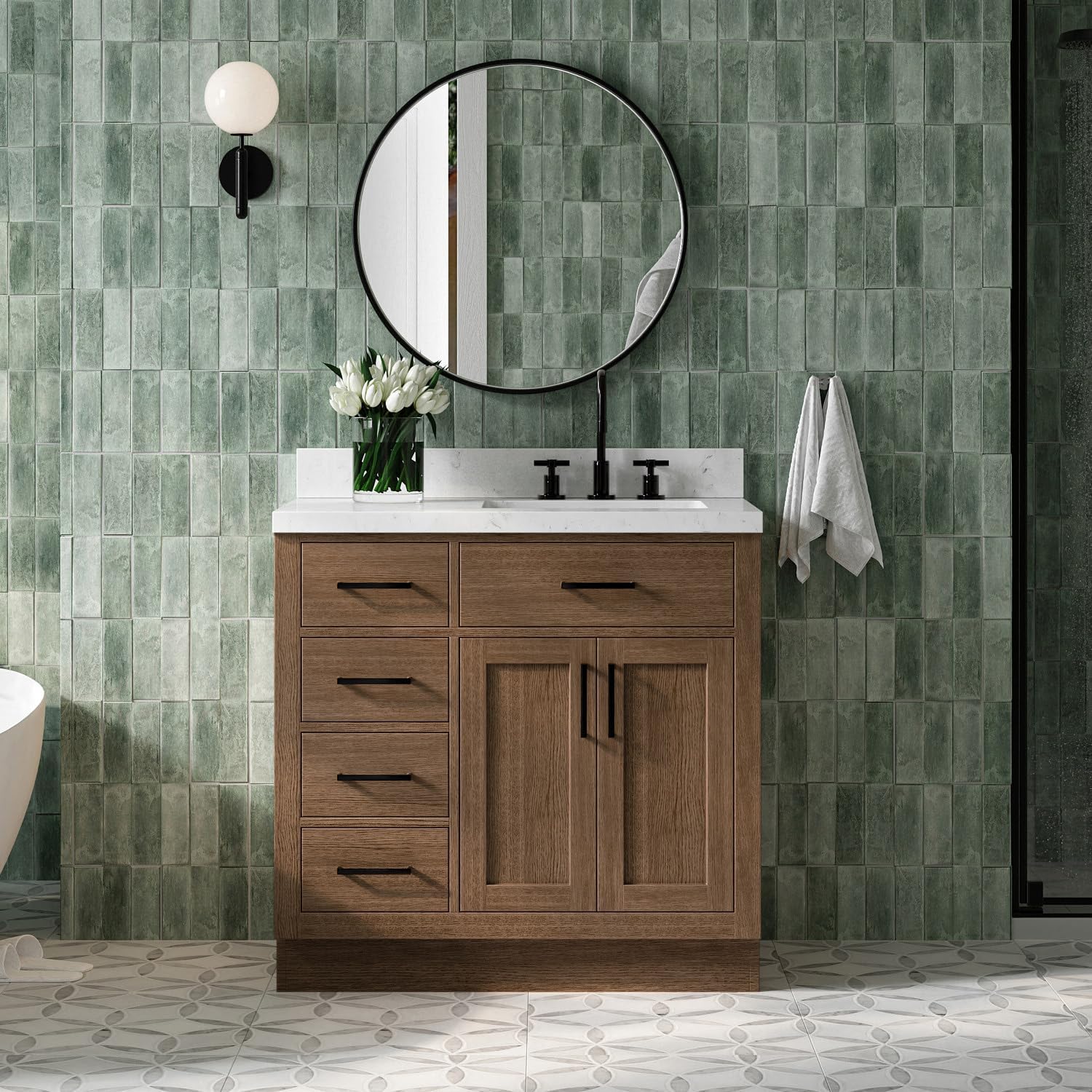 ARIEL Hepburn 36-inch Bathroom Vanity with Sink,Solid Wood, 1.5-inch Carrara White Quartz Countertop, Single Rectangular Porcelain Sink, 2 Soft Closing Doors, 5 Dovetail Drawers, Brown Oak
