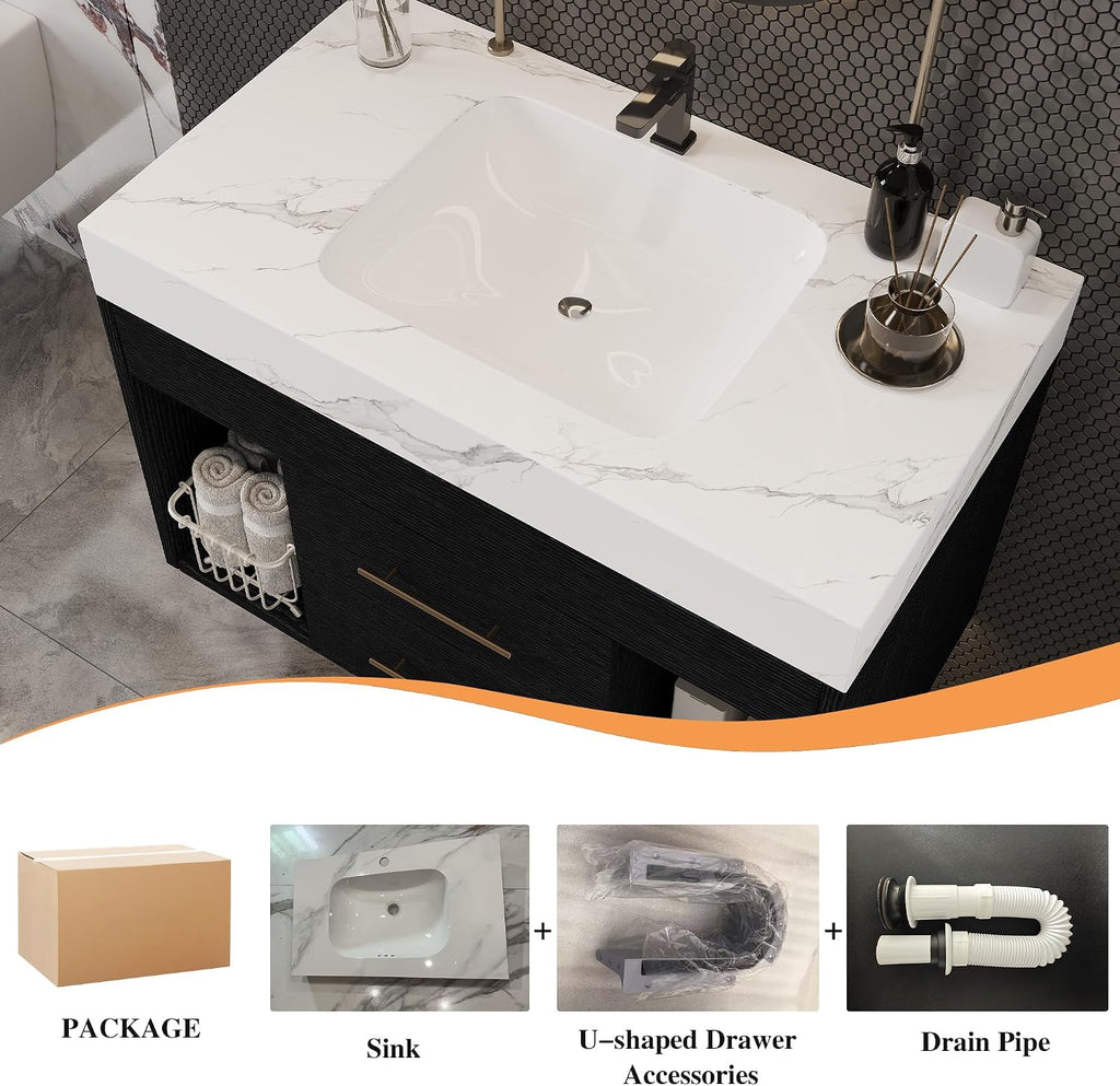 30' Bathroom Vanity with Sink Set, Modern Black Wall Mounted Bathroom Vanity Cabinet with Sintered Stone Top&Gold Handle 2 Drawers&2 Open Storage, Single Sink Floating Bathroom Vanity