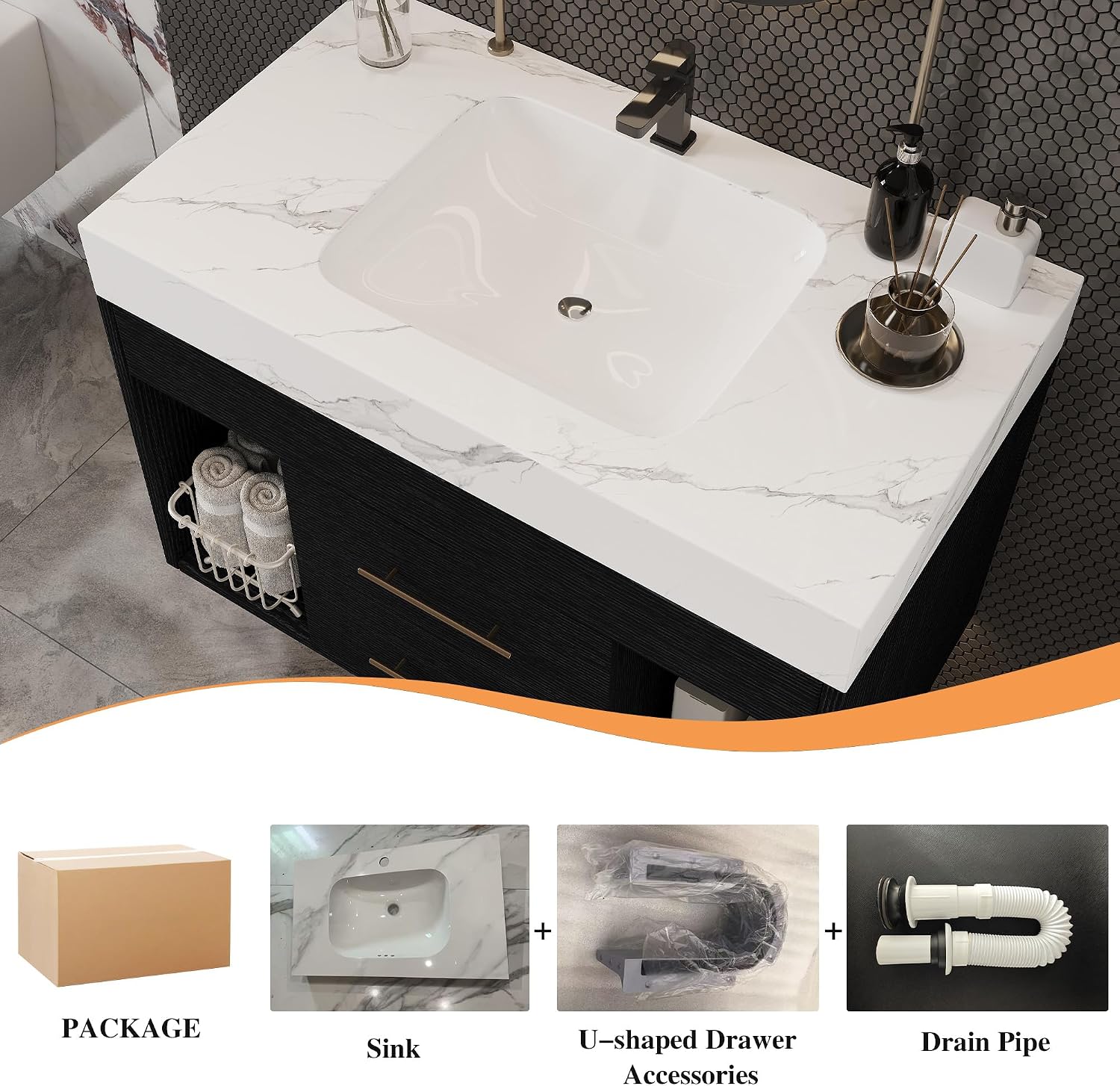 30' Bathroom Vanity with Sink Set, Modern Black Wall Mounted Bathroom Vanity Cabinet with Sintered Stone Top&Gold Handle 2 Drawers&2 Open Storage, Single Sink Floating Bathroom Vanity