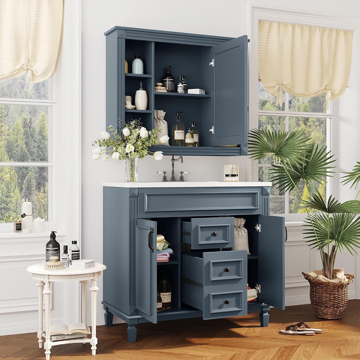 Merax 36' Bathroom Vanities with Matching Medicine Cabinet & Single Sink, Modern Undermount Bathroom Sink Cabinet with 3 Closing Doors & 2 Full Extension Dovetail Drawers