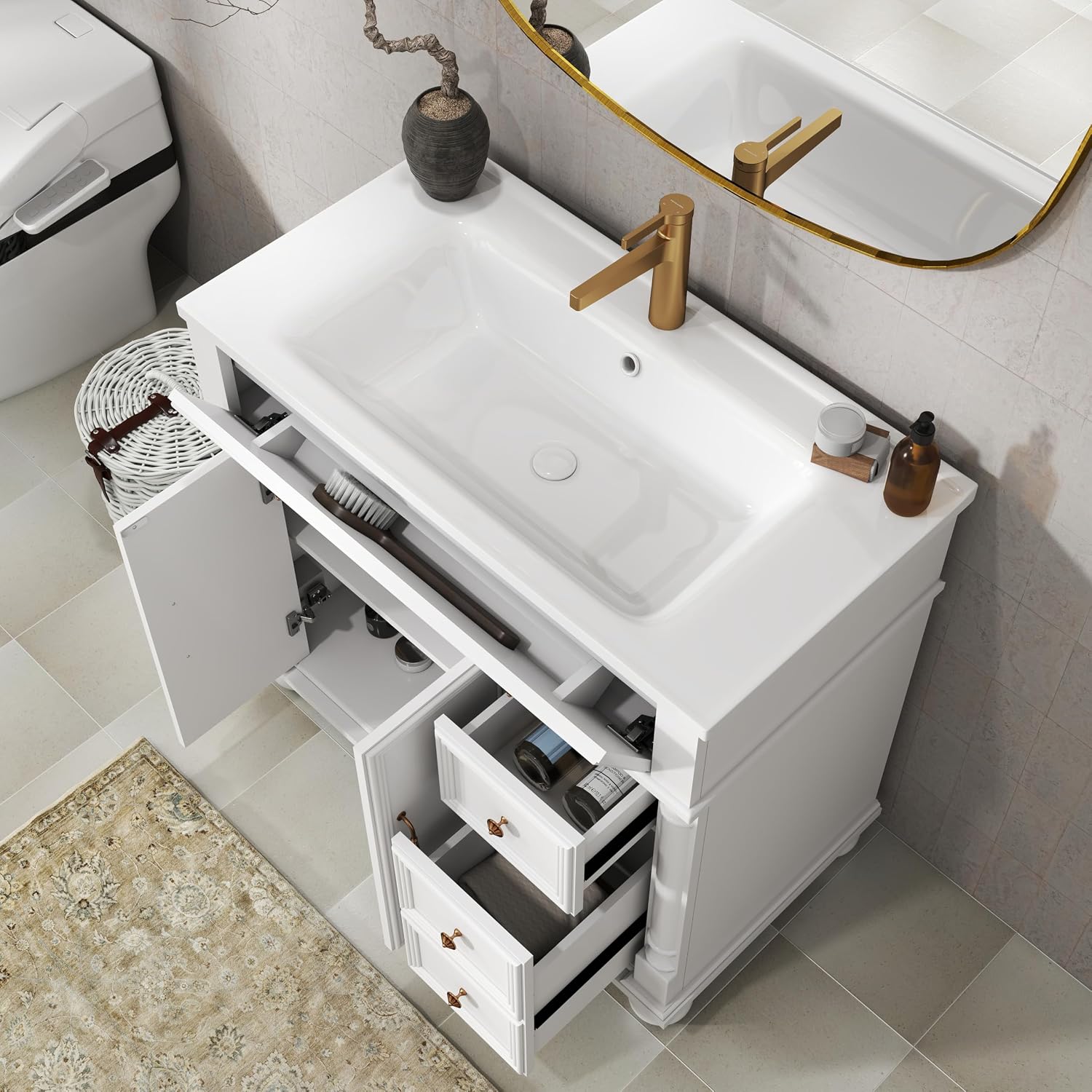 36 inch Bathroom Vanity with Sink, Freestanding Bathroom Vanity Cabinet with Ceramic Sink, Flip Top Drawer, 2 Large Capacity Drawers, Soft Closing Doors, Adjustable Shelf, Round Column Base, White
