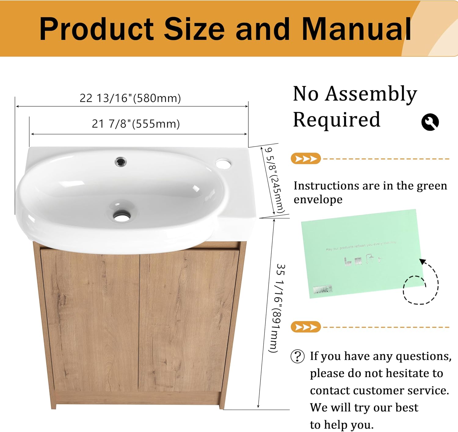 Malwee 23 Inch Freestanding Bathroom Vanity with Sink, 23'' Floor Stand Single Sink Bathroom Vanity Combo, Modern Brwon Cabinet Set with 2 Doors and Ceramics Basin Top, Ajustable Shelf.MA02923IMOX