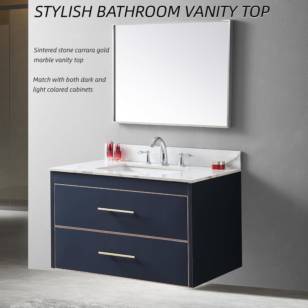 37 Inch Bathroom Vanity Top with Undermounted Large Ceramic Sink & Backsplash, Sintered Stone Artificial Marble Vanity Sink Tops with 3 hole, Carrara Gold