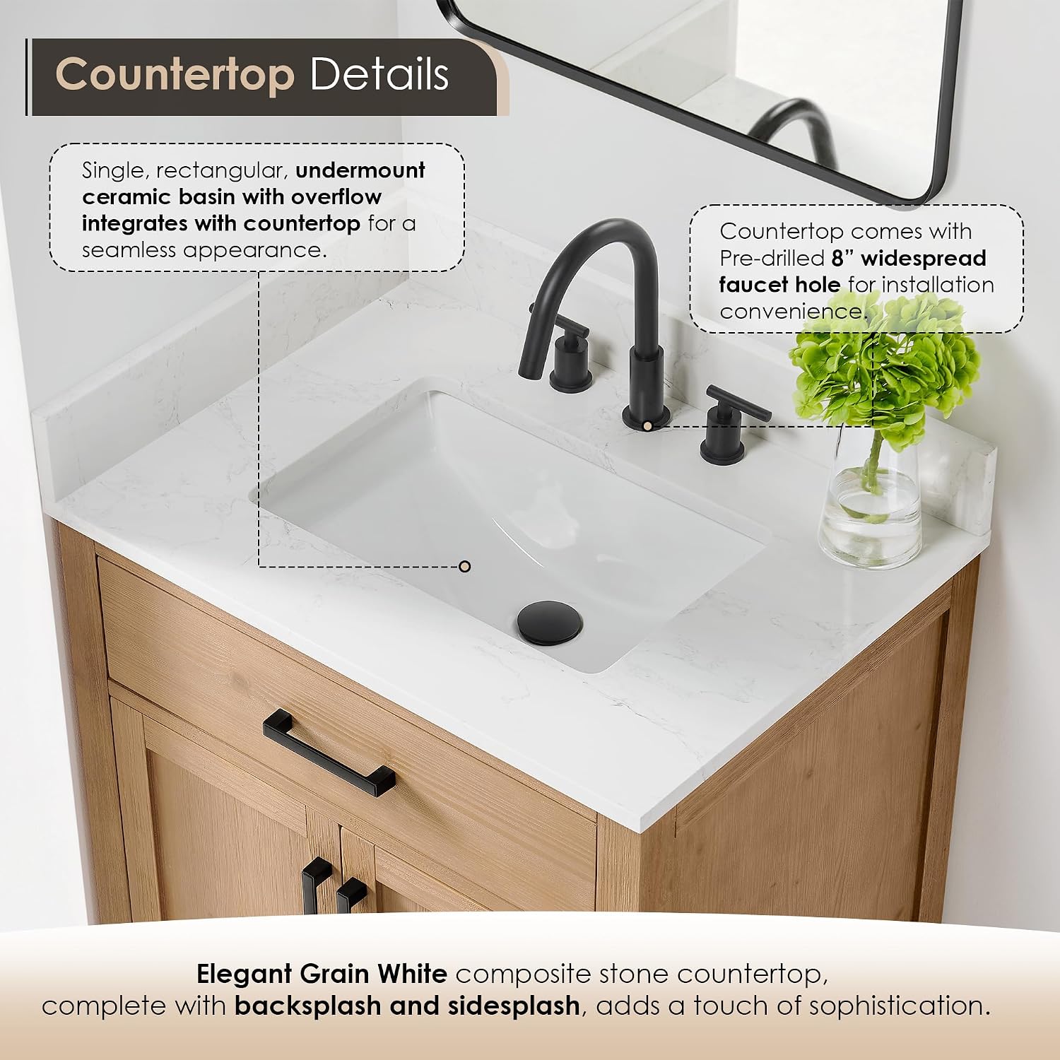 ALTAIR 30 Inch Vanity Bathroom Small Single Sink Vanities with Ceramic Countertop Pre-Assembled Sidesplash and Backsplash Included Light Brown